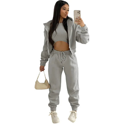3pcs Women's Clothing Set Fleece - lined Hooded Sweater &Sleeveless Tank Top & Sports Sweatpants Pants - EverHype