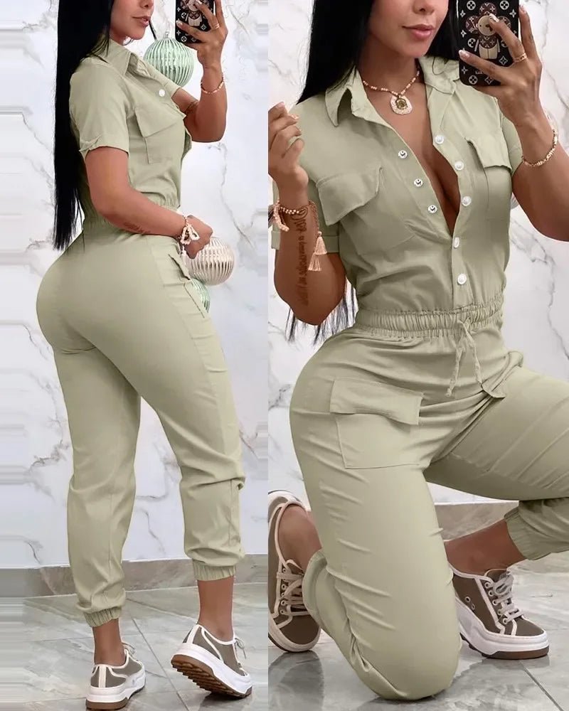 Women's Cargo Jumpsuit - Short Sleeve Pocket Design Drawstring | Working Jumpsuit - EverHype