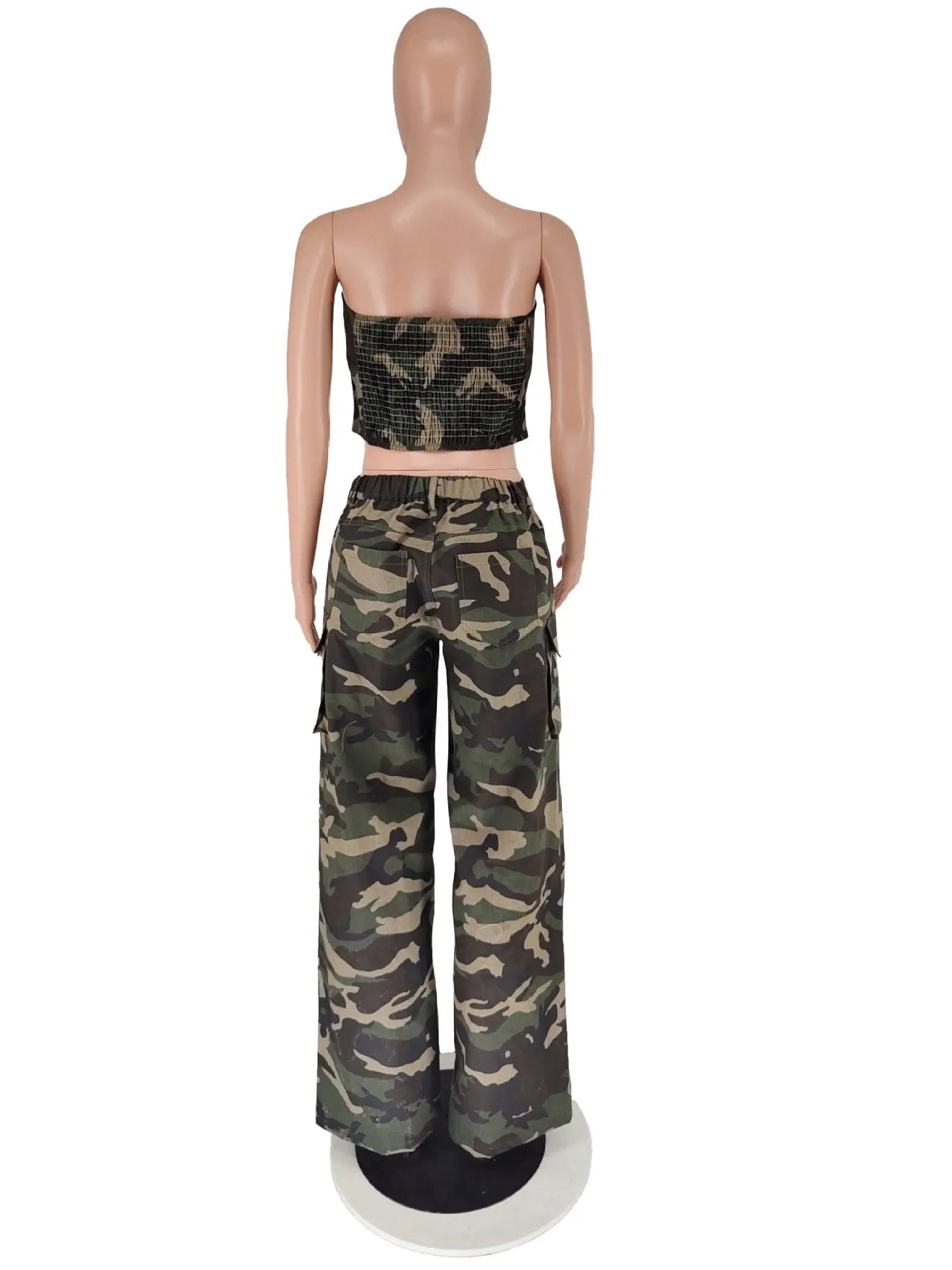 CM.YAYA Fashion Camouflage Women's Set Button Front Strapless Crop Top and Wide Leg Pants 2024 Two 2 Piece Sets Outfit Tracksuit - EverHype