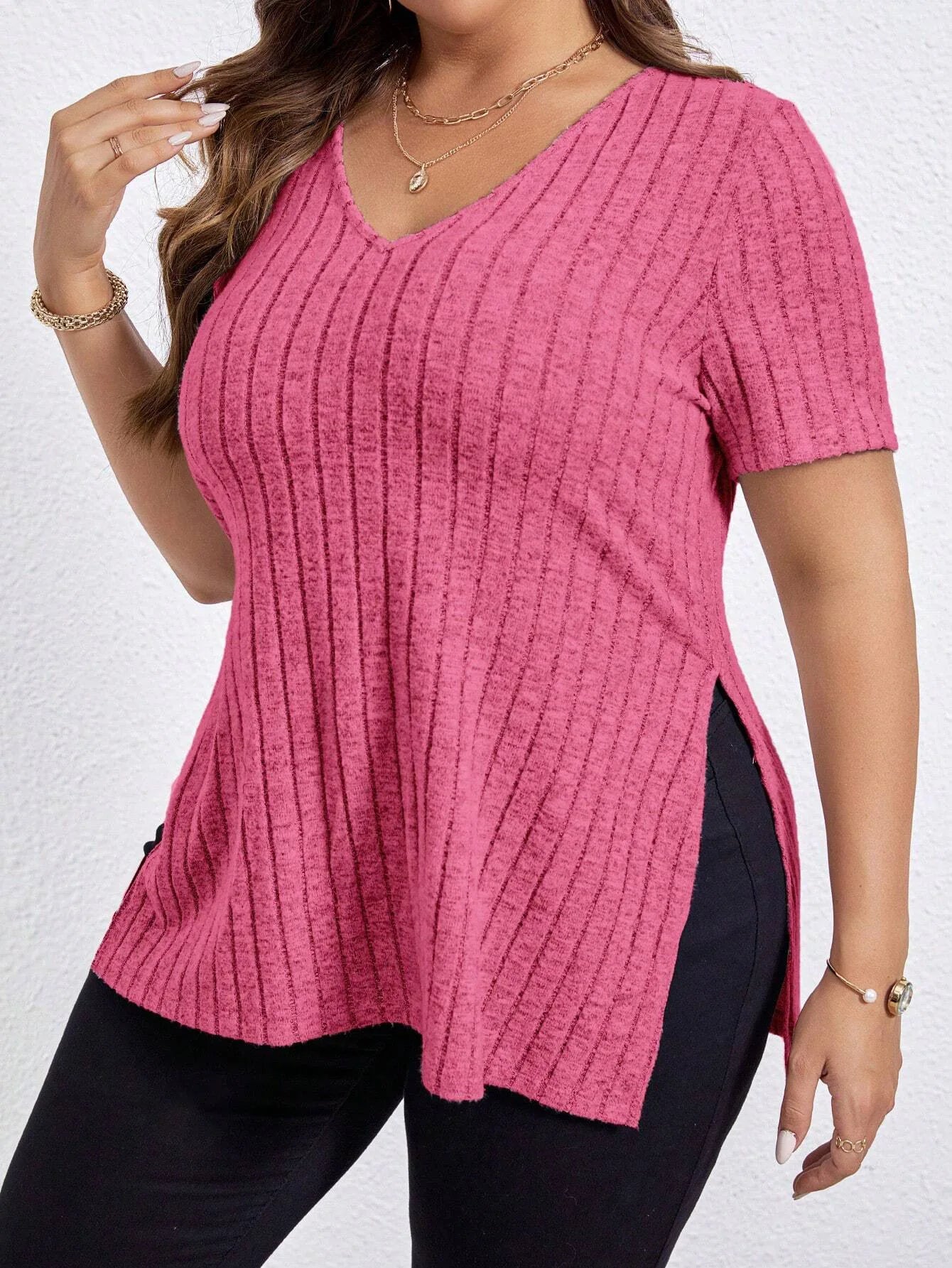 Plus Size V - Neck Striped T-Shirt for Women - EverHype