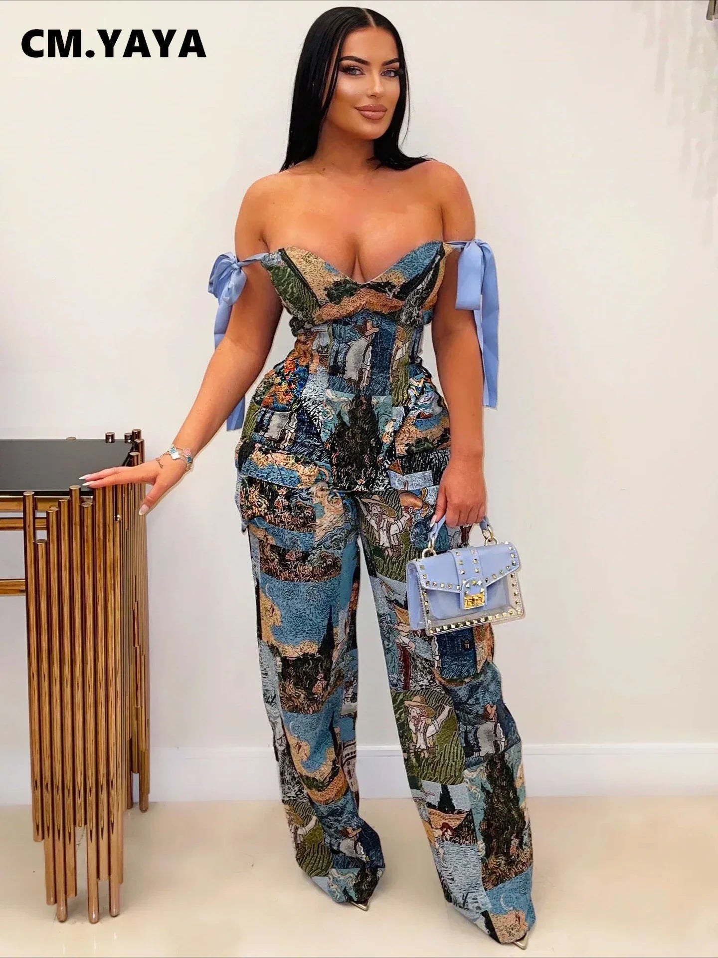 Women's Oil Painting 2 - Piece Set - Lace - Up Crop Top & Pants | Fall Winter Outfit - EverHype