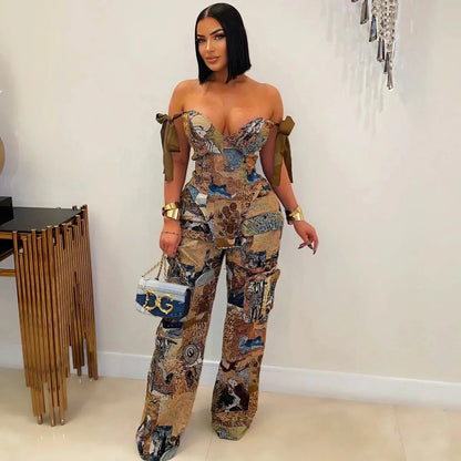 Women's Oil Painting 2 - Piece Set - Lace - Up Crop Top & Pants | Fall Winter Outfit - EverHype