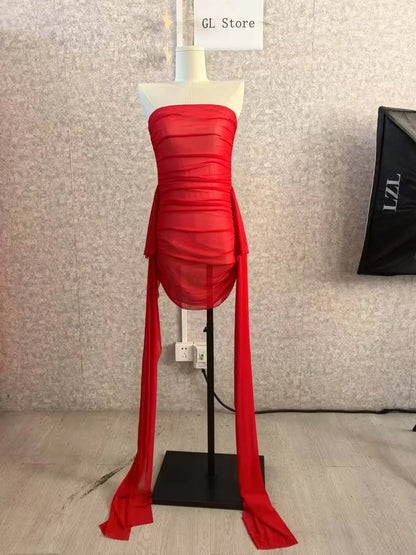 Ribbon Strapless Mesh Mini Dress - Sleeveless Evening Party Dress for Women - EverHype