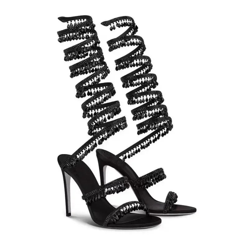 2025 Women's New Fashion Tassel Crystal Shoes Sexy Banquet Party Stiletto High Heels Women's Large Sandals Dance Shoes - EverHype