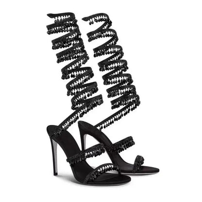 2025 Women's New Fashion Tassel Crystal Shoes Sexy Banquet Party Stiletto High Heels Women's Large Sandals Dance Shoes - EverHype