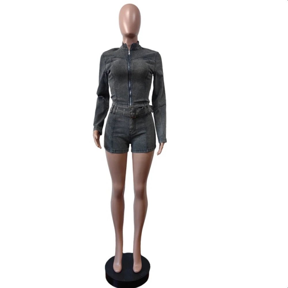 Sexy Denim Womens 2 Two Piece Set Stretchy Long Sleeve Zip Up Slim Jackets and Shorts Suits Y2k Streetwear Belt Jean Outfit Sets - EverHype