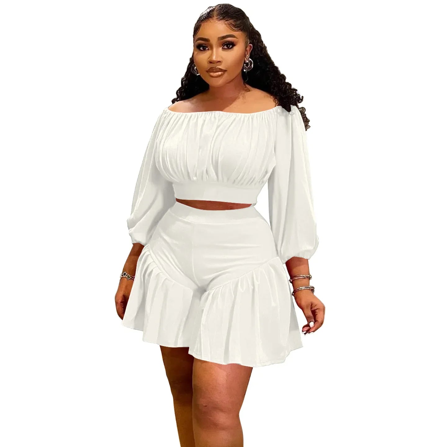 Plus Size 2 - Piece Set - Long Sleeve Slash Neck Top & Shorts for Women - EverHype