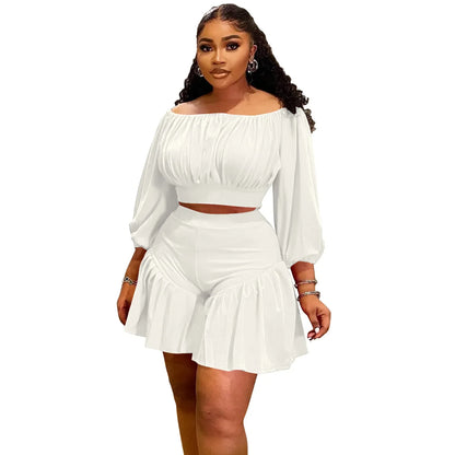 Plus Size 2 - Piece Set - Long Sleeve Slash Neck Top & Shorts for Women - EverHype