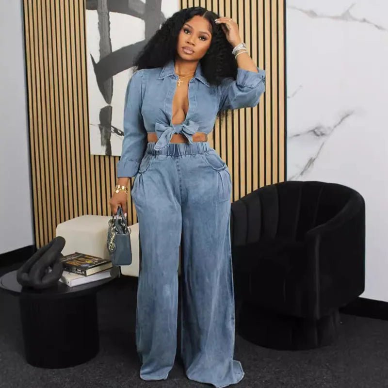 Streetwear Loose Fit Matching Set Outfits for Women Two Piece Set Club Party Lace - up Shirt Top and Wide Leg Pants Set Elegance - EverHype
