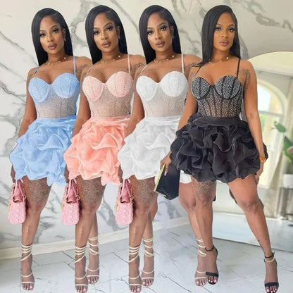 Women Mesh Diamonds Hot Rhinestones Cake Style Big Swing Strap Bodycon Midi Dress 2025 Sexy Party Even Dresses Vestidos - EverHype