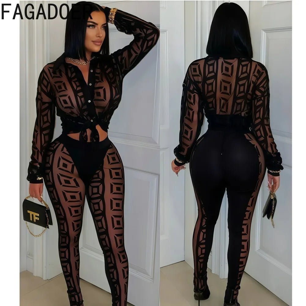 FAGADOER Sexy Mesh Women 2 Piece Set Outfit See Through Long Sleeves Crop Top + Skiny Pants Suits Female Streetwear Clothing New - EverHype
