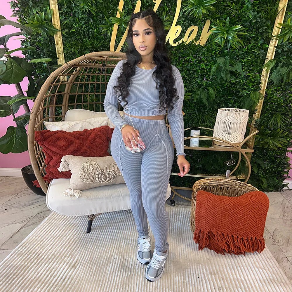 CM.YAYA Knit Ribbed Women's Set Long Sleeve T-shirt and Legging Pants 2023 Fashion Fitness Yoga Two 2 Piece Set Outfit Tracksuit - EverHype