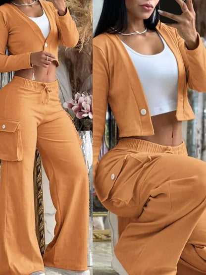 Women's 2 - Piece Cargo Set - Cardigan Top & Cargo Pants Outfit | Spring & Autumn - EverHype