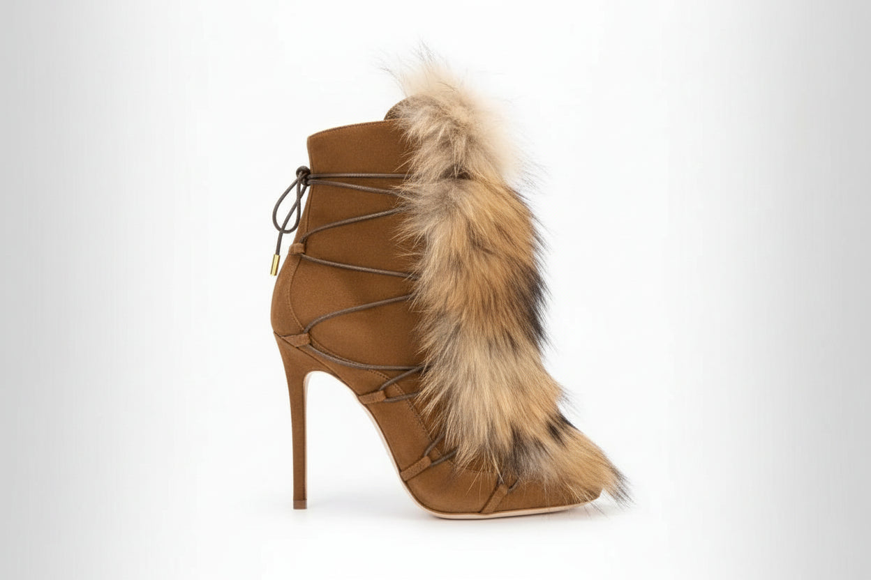 Brown Real Fur Stiletto Ankle Boots Women Trends Outfit Cross Tied Winter Snow Shoes Female Haute Pointed Toe Back Zipper Boots - EverHype