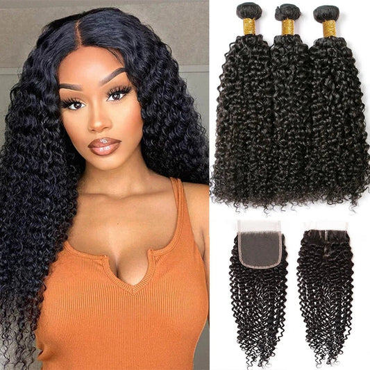 15A Malaysian Kinky Curly Bundles With Frontal Wet and Wavy Water Wave Human Hair Bundles With Closure Natural Virgin Human Hair - EverHype