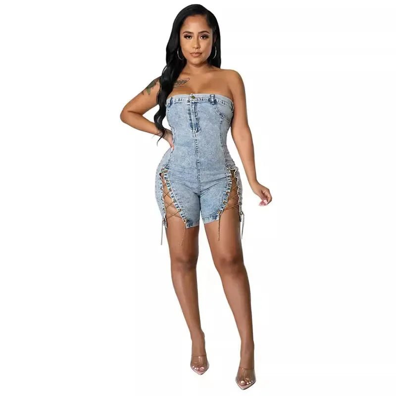 Rompers Women One Piece Elegant Splice Denim Jumpsuits Sexy Slim Fit Strapless Sleeveless Short Pants Sheath Playsuits - EverHype
