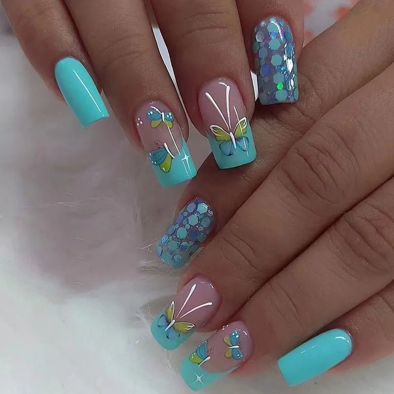 24pcs Square Short Fake Nails Blue Green Butterfly French False Nails Designs Full Coverage Waterproof Artificial Press on Nail - EverHype