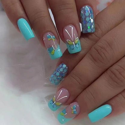 24pcs Square Short Fake Nails Blue Green Butterfly French False Nails Designs Full Coverage Waterproof Artificial Press on Nail - EverHype