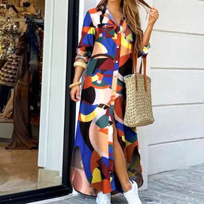Casual Dresses Women Long Sleeve Shirt Dress Printed OL Long Dresses Laides Loose Party Dress Maxi Dress Vestido Casual - EverHype