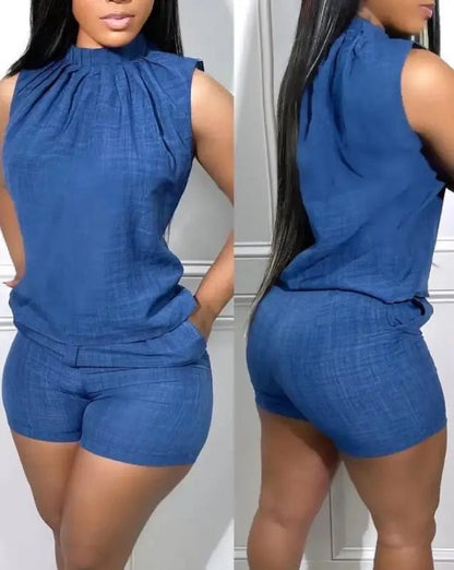 Two Piece Sets Womens Outifits Summer Fashion Denim Look Print Casual Mock Neck Sleeveless Tank Top & Pocket Design Shorts Set - EverHype
