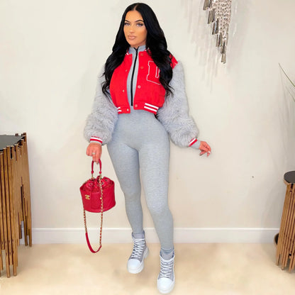 Women's Fur Sleeve Varsity Jacket - D Letter Cropped Baseball Jacket | Streetwear - EverHype