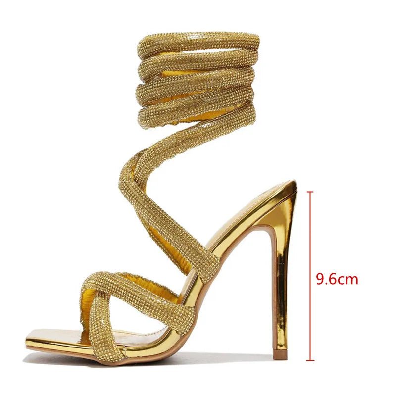 Luxury Rhinestones Women Sandals Sexy Ankle Strap Cross - tied Thin High Heeled Gladiator Sandals Fashion Summer Party Prom Shoes - EverHype
