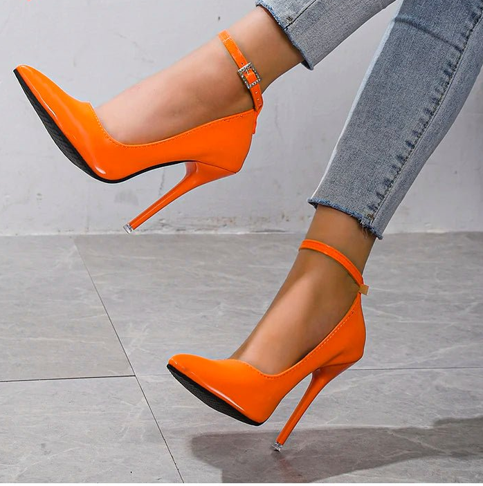 Aphixta Orange New Luxury Crystals Buckle Pimp Super High 12cm Stiletto heels Pumps Women Shoes Pointed Toe Colorful Party Pumps - EverHype