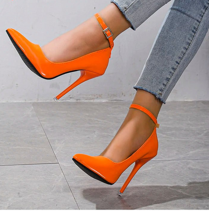 Aphixta Orange New Luxury Crystals Buckle Pimp Super High 12cm Stiletto heels Pumps Women Shoes Pointed Toe Colorful Party Pumps - EverHype