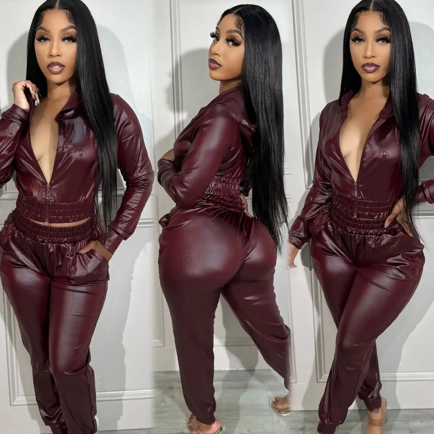 Faux Leather 2 - Piece Sweatsuit - Women's Hooded Jacket & Pants Set | Streetwear Outfit - EverHype