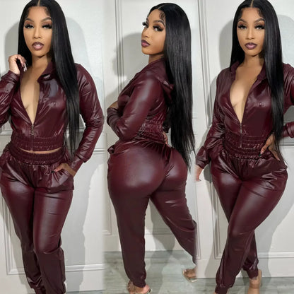 Faux Leather 2 - Piece Sweatsuit - Women's Hooded Jacket & Pants Set | Streetwear Outfit - EverHype