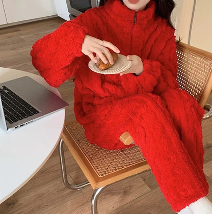 Women's Fuzzy Teddy 2 - Piece Set - Zip - Up Top & Pants Outfit | Autumn Loungewear - EverHype