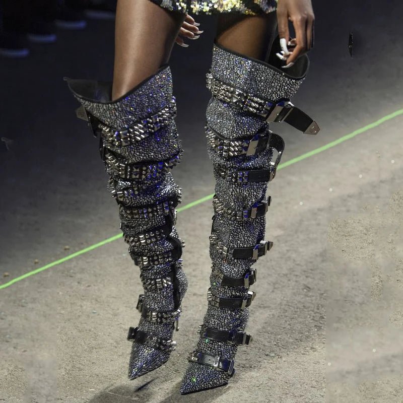 Luxury Crystal Thigh High Boots Women Belt Buckle Design Rhinestones Over The Knee Boots Sexy Pointed Toe Bling Bling Shoes - EverHype