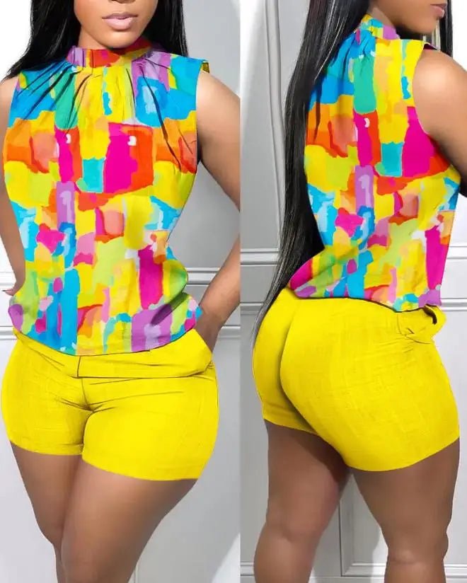 Two Piece Sets Womens Outifits Summer Fashion Denim Look Print Casual Mock Neck Sleeveless Tank Top & Pocket Design Shorts Set - EverHype