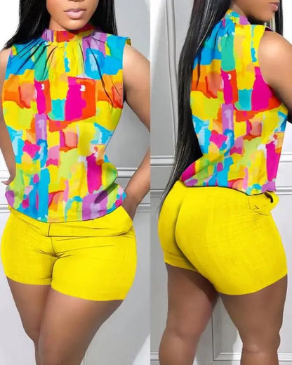 Two Piece Sets Womens Outifits Summer Fashion Denim Look Print Casual Mock Neck Sleeveless Tank Top & Pocket Design Shorts Set - EverHype
