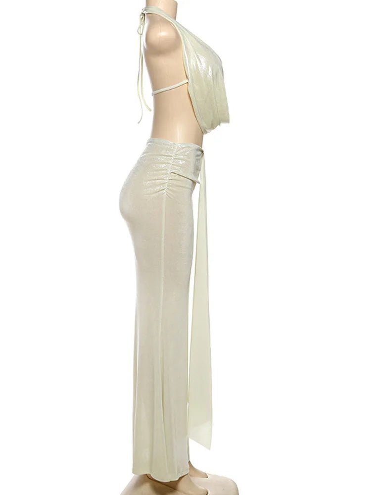 Metallic Skirt Set - Shiny Drape Two - Piece Dress | Backless Straps Clubwear - EverHype