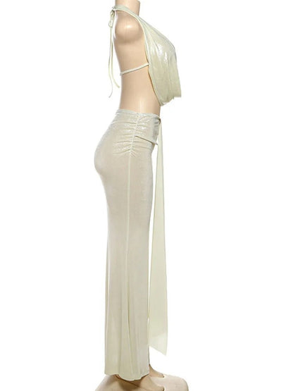 Metallic Skirt Set - Shiny Drape Two - Piece Dress | Backless Straps Clubwear - EverHype