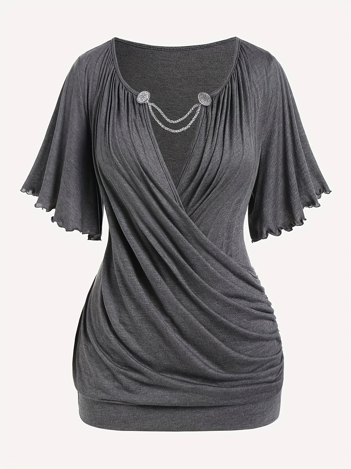 European and American new hit fashion women's pleated chain embellished V - neck plus - size T-shirt top - EverHype