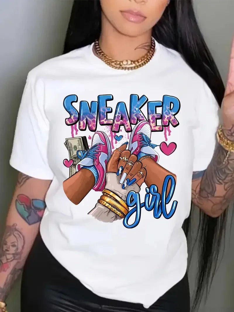 Plus Size Sneaker Girl Graphic Print T-shirt, Casual Short Sleeve Crew Neck Top, Women's Clothing - EverHype