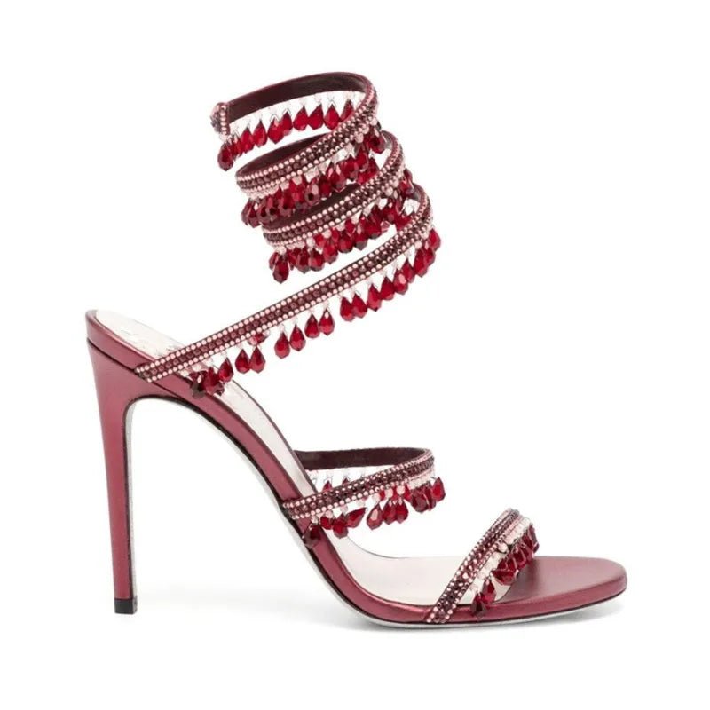 2025 Women's New Fashion Tassel Crystal Shoes Sexy Banquet Party Stiletto High Heels Women's Large Sandals Dance Shoes - EverHype