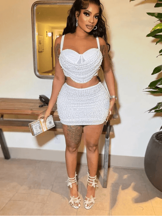 Diamond Rhinestone Midi Skirt & Strap Crop Top Set - 2 - Piece Sexy Party Outfit | EverHype 2026 - EverHype