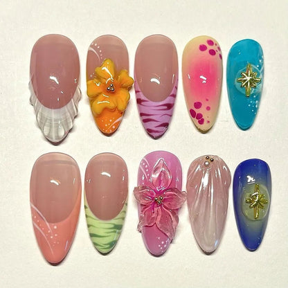 Summer Nails Shell 3D Jelly Spring Flowers Gel Nail Art Vacation Holiday Trendy Flower Almond French Tip Handmade Press on Nails - EverHype