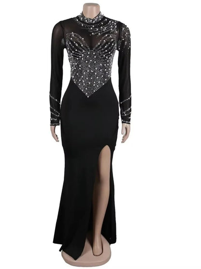 Crystal Embellished Maxi Dress - High Slit Long Sleeve Gown | Glam Party Dress - EverHype