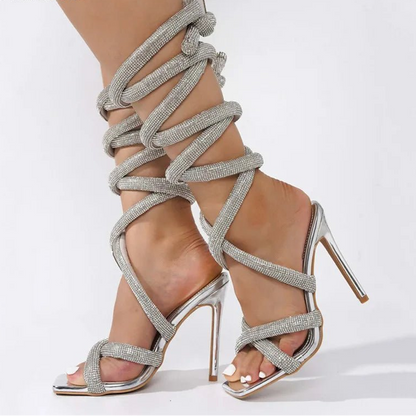 Luxury Rhinestones Women Sandals Sexy Ankle Strap Cross - tied Thin High Heeled Gladiator Sandals Fashion Summer Party Prom Shoes - EverHype