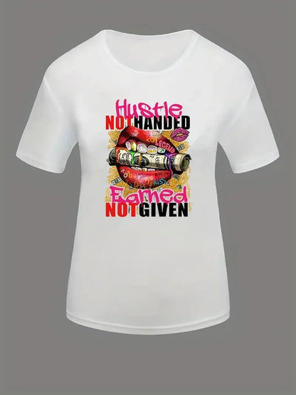 Plus Size Slogan & Lip Print Short Sleeve T-shirt Women's Plus Medium Stretch Casual Tee - EverHype