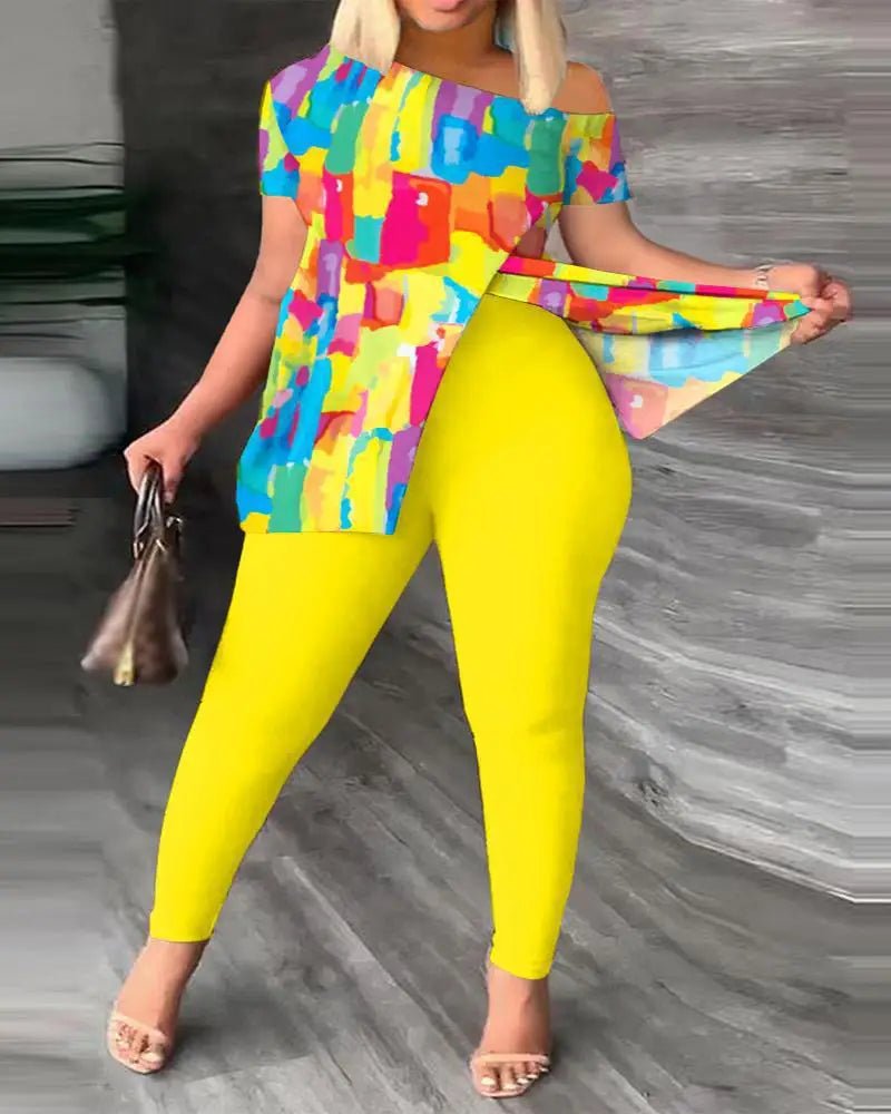 Women's 2 - Piece Office Set - Short Sleeve Shirt & Trousers | Casual Letter Print - EverHype