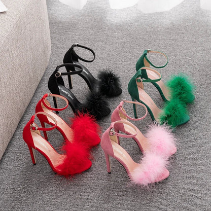 Crystal Queen Women Summer Sandals Fluffy Peep Toe Stilettos High Heels Fur Feather Lady Wedding Shoes Large Size 42 - EverHype
