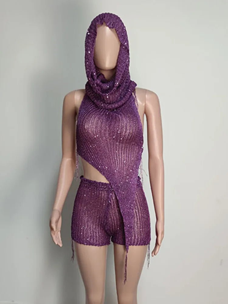 Joskaa Sequins Knit Beach 3 Piece Sets Women Sexy Backless Halter Irregular Top+Head Scarf+Shorts Matching Set Vacation Outfits - EverHype