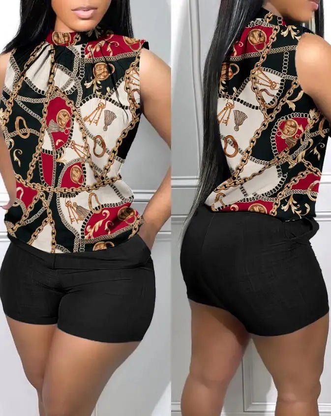 Two Piece Sets Womens Outifits Summer Fashion Denim Look Print Casual Mock Neck Sleeveless Tank Top & Pocket Design Shorts Set - EverHype