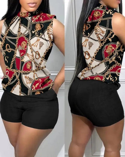 Two Piece Sets Womens Outifits Summer Fashion Denim Look Print Casual Mock Neck Sleeveless Tank Top & Pocket Design Shorts Set - EverHype