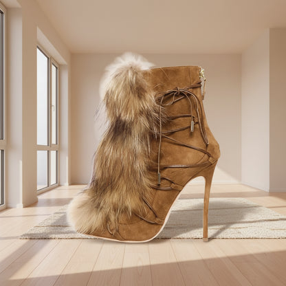 Brown Real Fur Stiletto Ankle Boots Women Trends Outfit Cross Tied Winter Snow Shoes Female Haute Pointed Toe Back Zipper Boots - EverHype